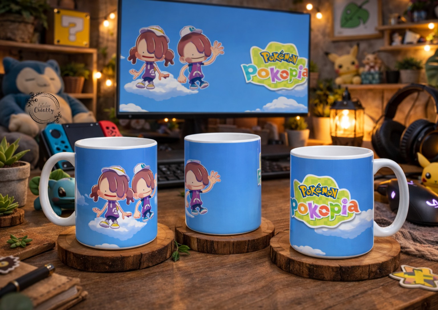Trois vues d’un mug Pokopia bleu avec deux personnages sur des nuages