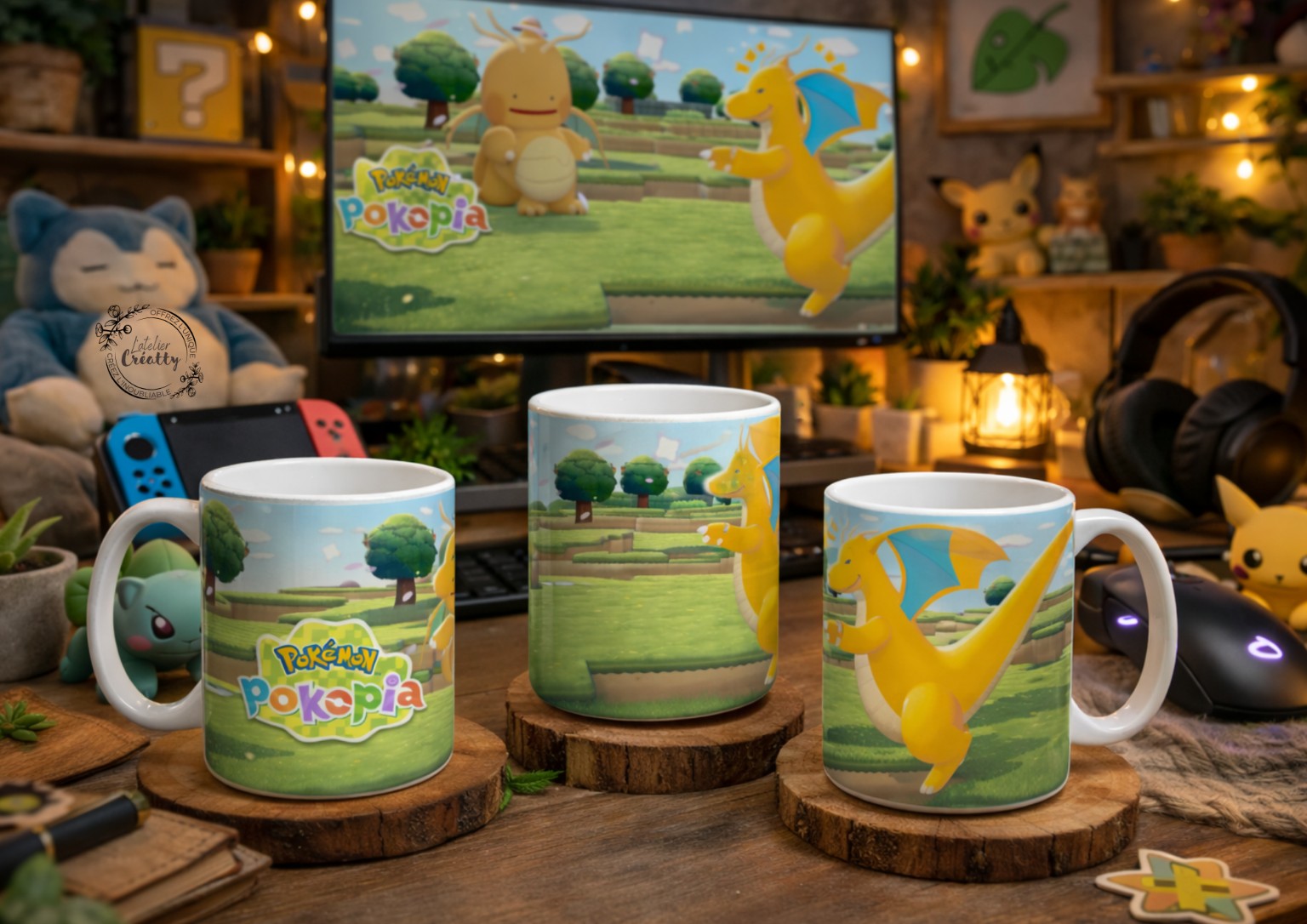 Trois vues d’un mug Pokopia vert avec un personnage dragon