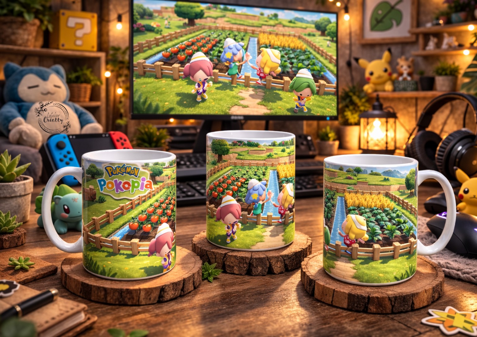 Trois vues d’un mug Pokopia sur le thème d’un jardin coloré