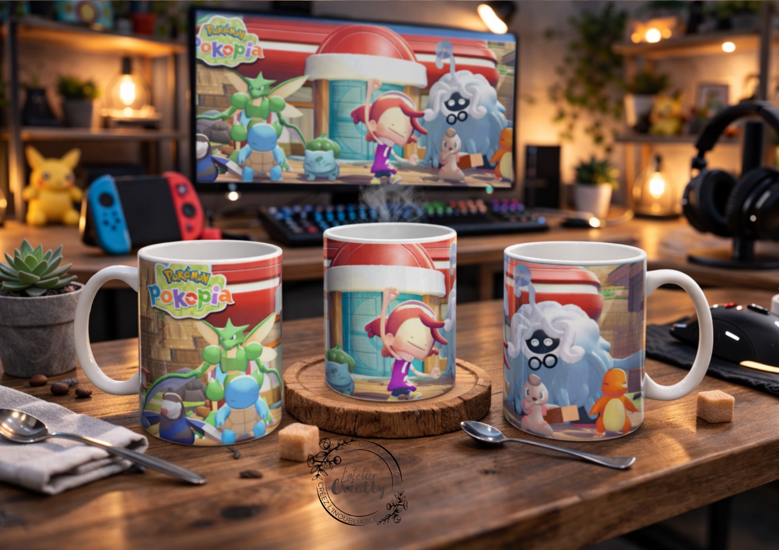 Trois vues d’un mug Pokopia rouge avec plusieurs personnages