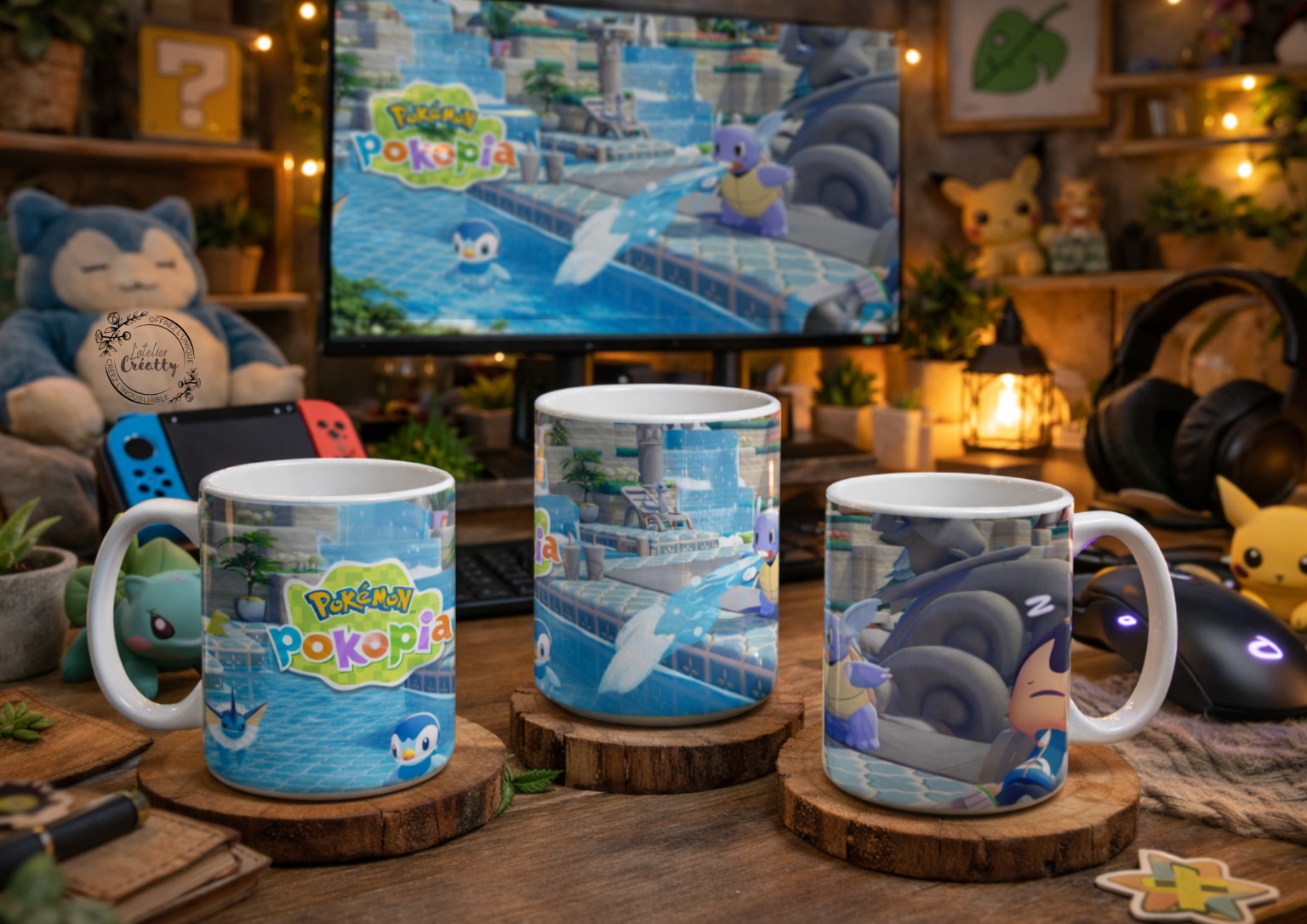 Trois vues d’un mug Pokopia bleu dans un décor aquatique